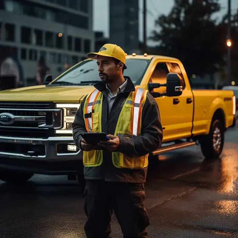 a city crew member and his pickup truck check for a new work order.