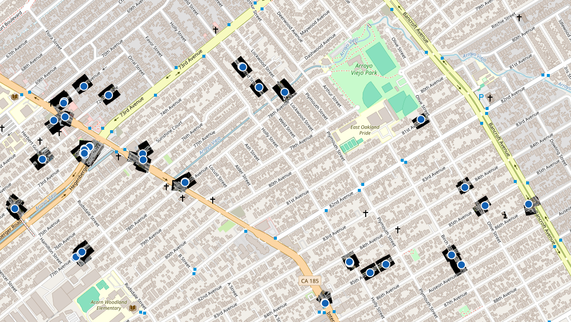 East Oakland map of the 49 cleanup locations shared with Oakland Public Works