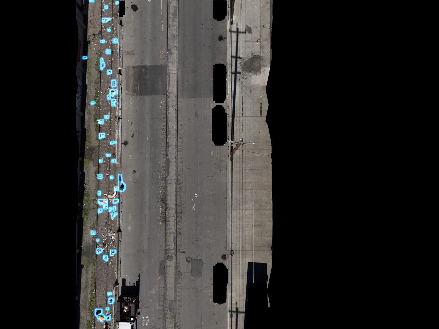Aerial detection showing garbage of all sizes — from small litter to large piles