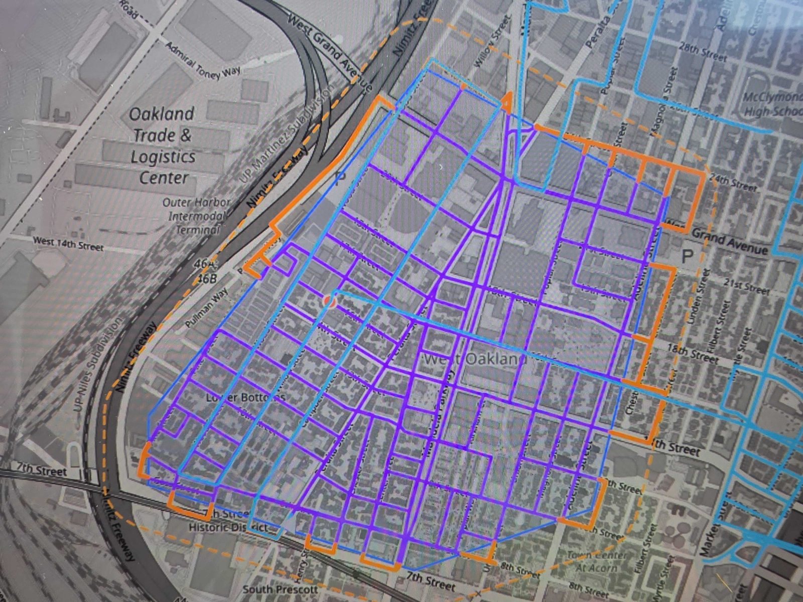 A map with a bright survey grid overlay across West Oakland streets