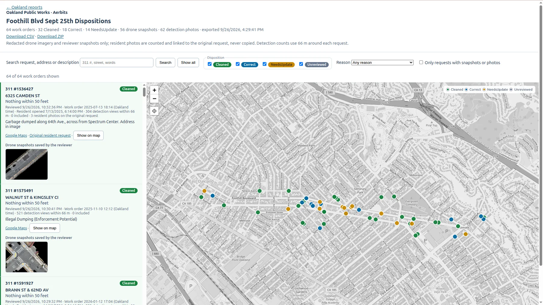 The Aerbits work order dashboard showing 64 work orders with cleaned, correct, and needs-update dispositions on a map